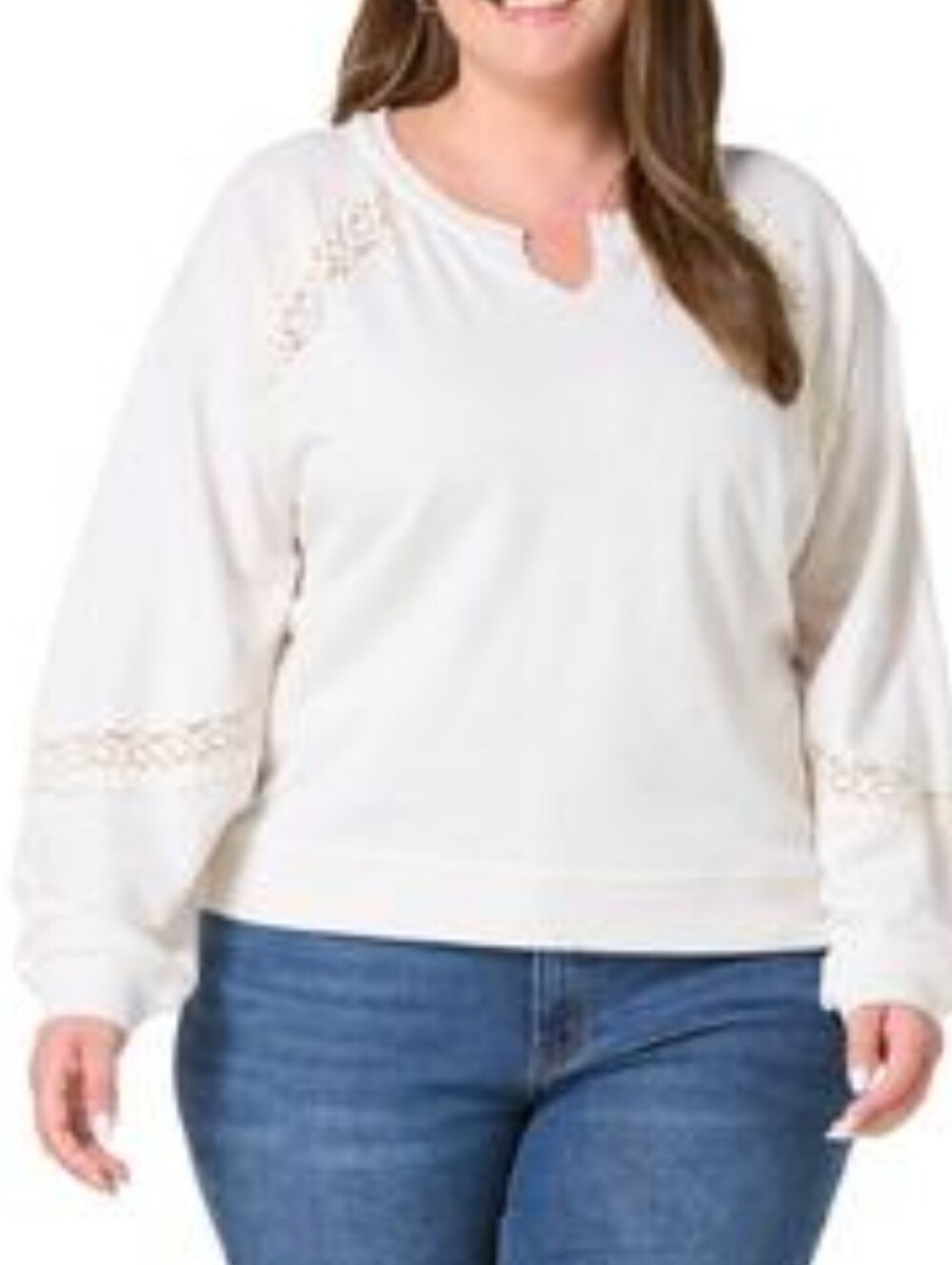 Live Well Oatmeal Heather Crochet Lace-Trim Pullover Top Plus